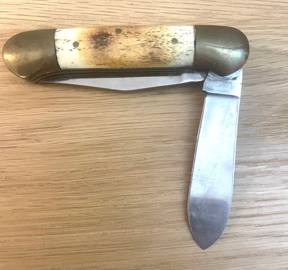 Vintage Antler & Brass Hand Made Two Blade Folding Pocket Knife - Etsy