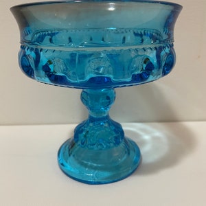 King Crown Indiana Glass thumbprint aqua pedestal Compote dish