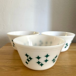 MCM set of 3 Federal Glass Atomic Starburst Teal Mixing Bowls, Collectible Glass ,Vintage kitchen Decor