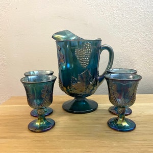 Vintage Indiana Glass Co. Blue Carnival Glass Grape Harvest Pattern pitcher and 4 stem Goblets