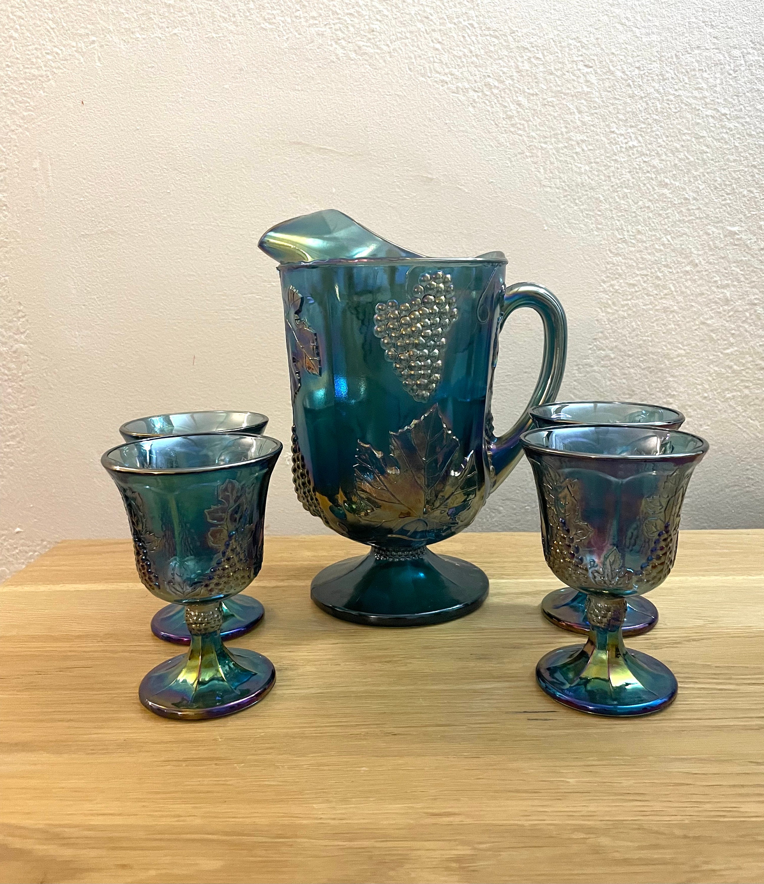 レア物☆FLAKE ☆スノーフレーク Indiana Glass4セット Vintage Indiana Glass Co. Blue Carnival Glass Grape Harvest