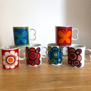 MCM Mod Set of Coffee Mugs (6) Made in Japan , 2 Finger Handle , Retro 70’s flower, butterfly and graphic design