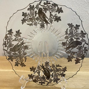 Vintage Mid Century Modern Silver Flower Vine and Bird Plate/ Overlay / Cake Plate,serving plate,Display plate