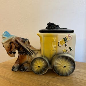 Vintage American Bisque Cookie Jar/ Donkey with milk cart 1950’s
