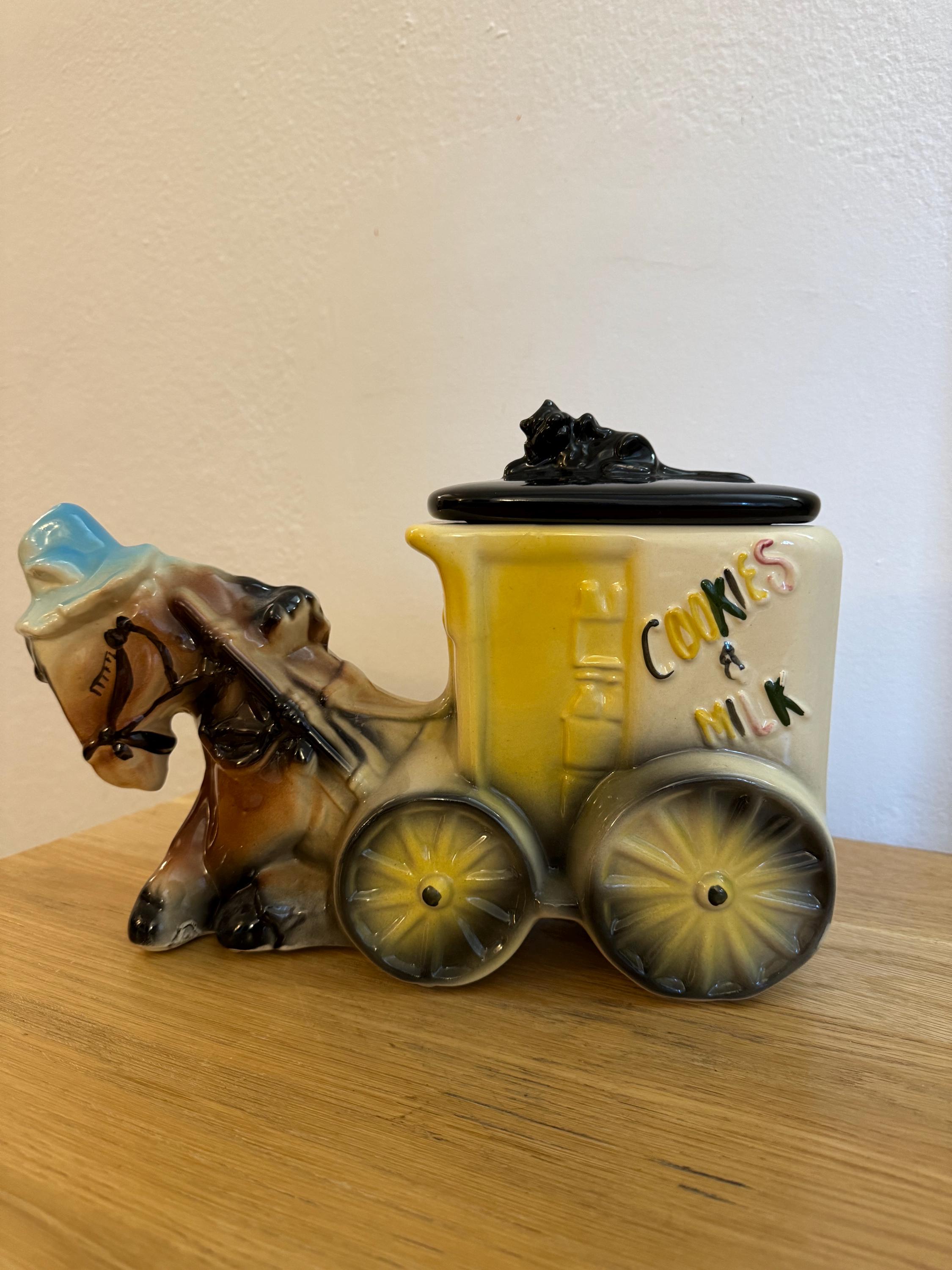 Vintage American Bisque Cookie Jar/ Donkey With Milk Cart 1950's