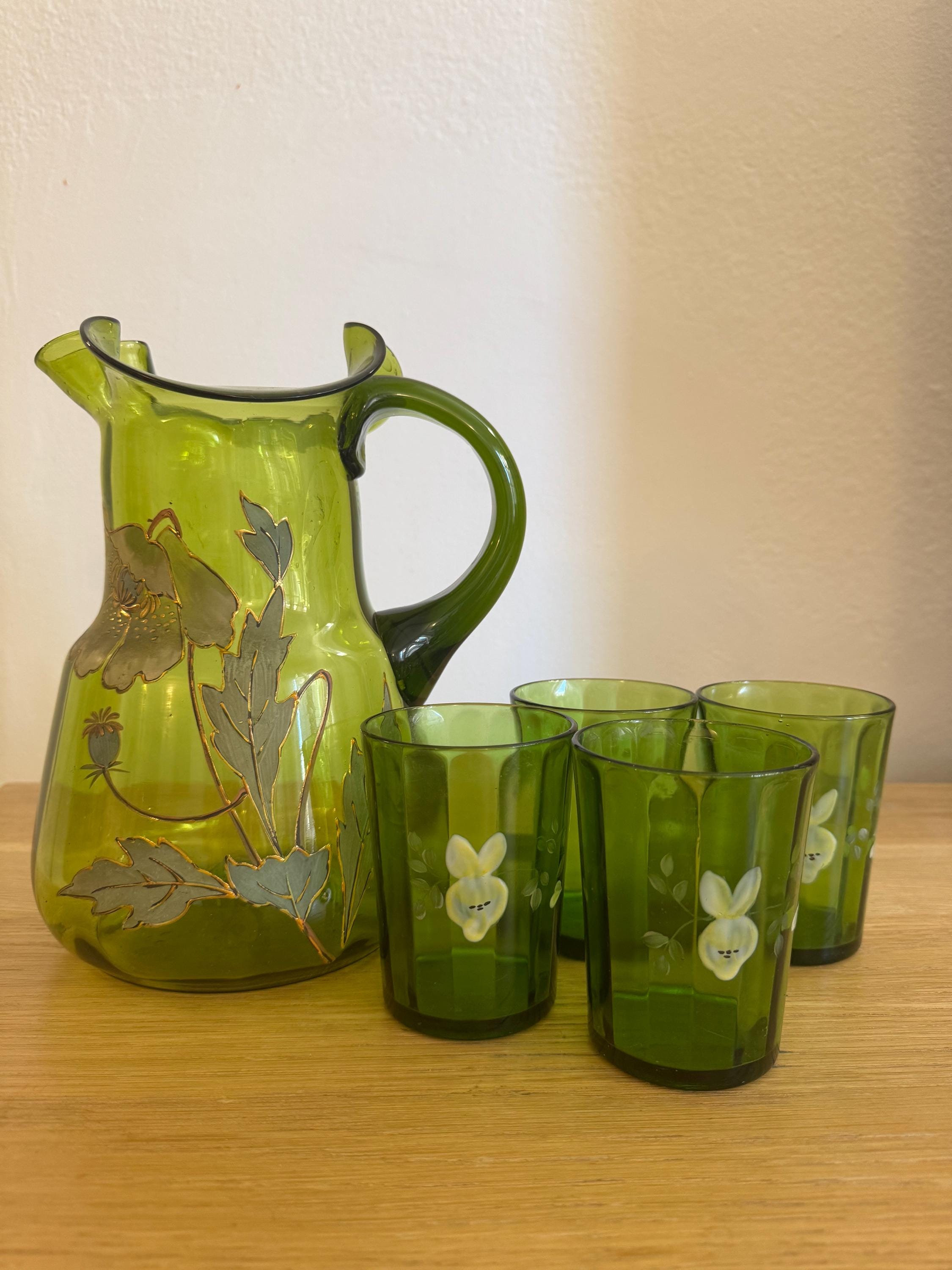 Victorian Era Green Glass Lemonade Pitcher, Handblown and