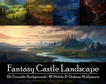 12 DND Castle Landscape Printable Mobile & Desktop Wallpaper Bundle, Digital Paper, Dungeons And Dragons RPG Custom Art, Instant Download
