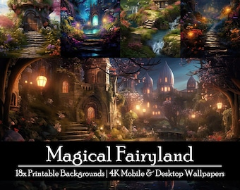 18 Magical Fairyland Printable Mobile & Desktop Wallpaper Bundle, Digital Paper Background, Instant Download, Commercial Use, Forest Fairy