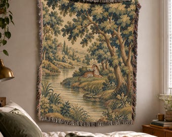 French Verdure Woven Blanket Tapestry with Tiger in Vintage Ornamental Woodland Style