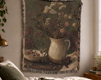 Wildflower Woven Blanket, Moody Cottagecore, Vintage Wall Tapestry, Boho Throw, Still Life Decor