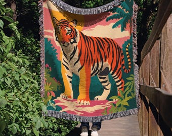 Manta tejida con diseño de tigre, tapiz botánico para pared, manta estilo cottagecore, regalo de decoración moderna bohemia para el hogar.