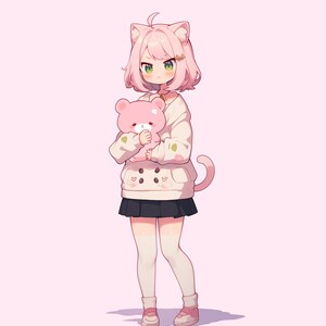 May include: A pink-haired anime girl with cat ears and a white hoodie is holding a pink teddy bear. She is wearing a black skirt, white socks, and pink sneakers.