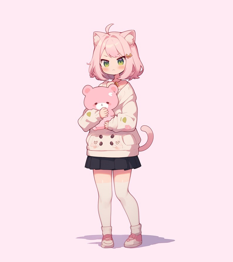 May include: A pink-haired anime girl with cat ears and a white hoodie is holding a pink teddy bear. She is wearing a black skirt, white socks, and pink sneakers.