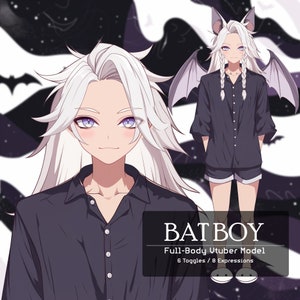 Puede incluir: Una ilustración digital de un personaje con cabello blanco y alas de murciélago. El personaje lleva una camisa negra abotonada y pantalones cortos. El texto "BATBOY Full-Body Vtuber Model 6 Toggles / 8 Expressions" está debajo del personaje.