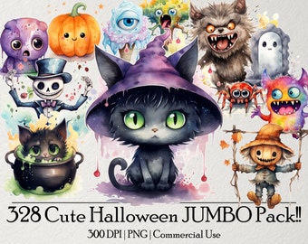 Puede incluir: Un conjunto de 328 imágenes de clipart de Halloween lindas. Las imágenes presentan una variedad de personajes, que incluyen un gato negro con un sombrero de bruja, una calabaza, un esqueleto, un fantasma, una araña y un espantapájaros. Las imágenes están en un estilo de acuarela y son perfectas para usar en scrapbooking digital, creación de tarjetas y otros proyectos de manualidades.