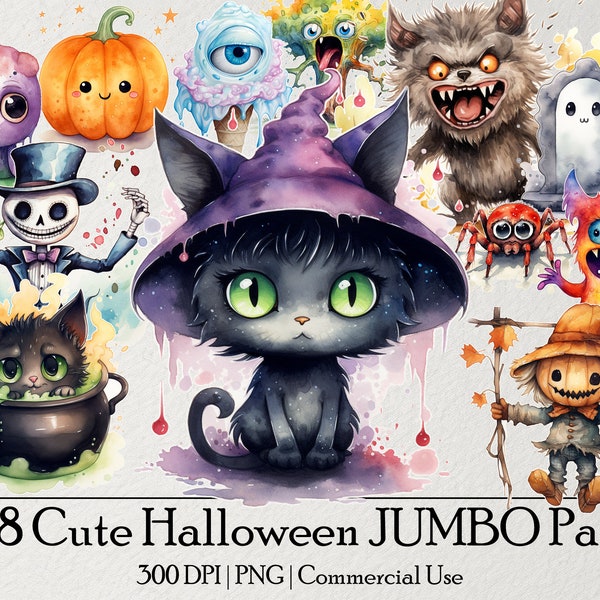 328 Kawaii Halloween JUMBO Clipart Bundle, Cute Watercolor Graphic PNG, Sublimation, Junk Journal, Commercial Use, Instant Download,Ephemera