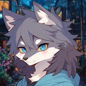 May include: A gray wolf furry with blue eyes and a light blue hoodie. The wolf is looking to the right of the image.