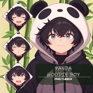 May include: An anime-style illustration of a person wearing a panda hoodie. The hoodie is black and white with panda ears. The image includes three smaller diamond-shaped portraits with different facial expressions. Text on the image reads "PANDA HOODIE BOY" and "PNGTUBER".