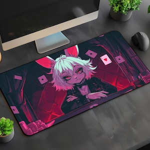 May include: A pink and white cartoon bunny girl with red eyes is wearing a black jacket and a white bow tie. She is sitting at a table with playing cards scattered around her. The background is a dark red and black color.