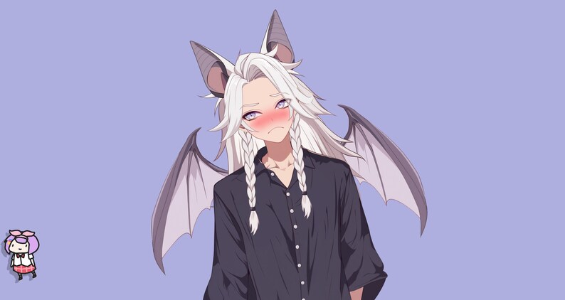 Op de afbeelding: Een anime-personage met wit haar en vleermuisoren en -vleugels, die een zwart knoopshirt draagt. Het personage heeft een blos op de wangen en kijkt naar links.