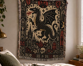 Dragon Woven Blanket, Medieval Cottagecore, Gothic Wall Hanging, Boho Throw, Mythical Decor