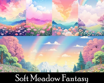 31 Soft Meadow Fantasy Wallpaper Bundle, Twitch Streaming Banner, Ultrawide, Mobile And Desktop Background, Instant Download, Kawaii Pastel