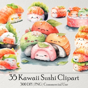 35 Kawaii Sushi Clipart, Grafica ad acquerello carina, Sublimazione, Diario spazzatura, Download digitale, Uso commerciale, Ephemera, Adesivo pianificatore PNG