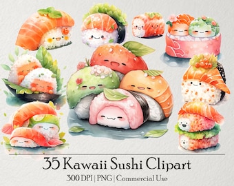 35 Kawaii Sushi Clipart, Cute Watercolor Graphic, Sublimation, Junk Journal, Digital Download, Commercial Use, Ephemera, PNG Planner Sticker