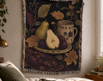 Pear Woven Blanket, Dark Cottagecore, Botanical Wall Tapestry, Boho Throw, Still Life Decor