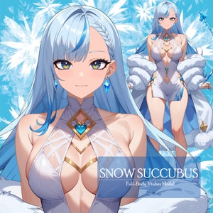 May include: A digital illustration of a female character with long blue hair, wearing a white and gold outfit with a heart-shaped gem. The background is a blue and white snowflake pattern. The text "SNOW SUCCUBUS Full-Body Vtuber Model" is at the bottom of the image.
