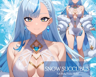 Puede incluir: Una ilustración digital de un personaje femenino con cabello largo azul, vistiendo un atuendo blanco y dorado con una gema en forma de corazón. El fondo es un patrón de copos de nieve azules y blancos. El texto "SNOW SUCCUBUS Full-Body Vtuber Model" está en la parte inferior de la imagen.