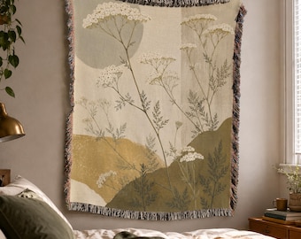 Yarrow Woven Blanket, Minimal Cottagecore, Botanical Wall Tapestry, Boho Throw, Nature Decor