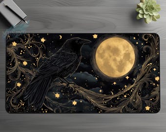 Lunar Raven Desk Mat, Occult Gothic Mouse Pad, Black Gold Tarot Reading Mat, Celestial Zodiac Laptop Accessory,Black Forest,Home Office Gift