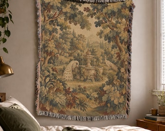 French Verdure Woven Blanket Tapestry with Woodland Garden in Vintage Ornamental Style