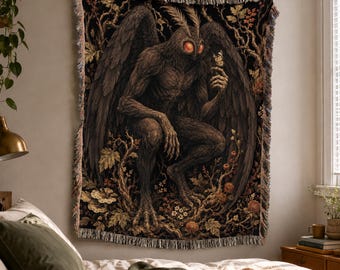 Mothman Woven Blanket, Folklore Cottagecore, Cryptid Wall Tapestry, Boho Throw, Dark Botanical Decor