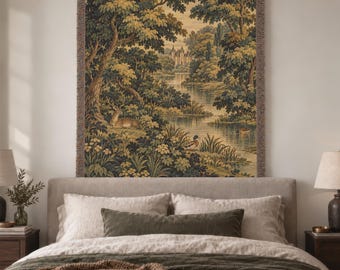 French Verdure Woven Blanket with Deer and Woodland River in Vintage European Tapestry Style