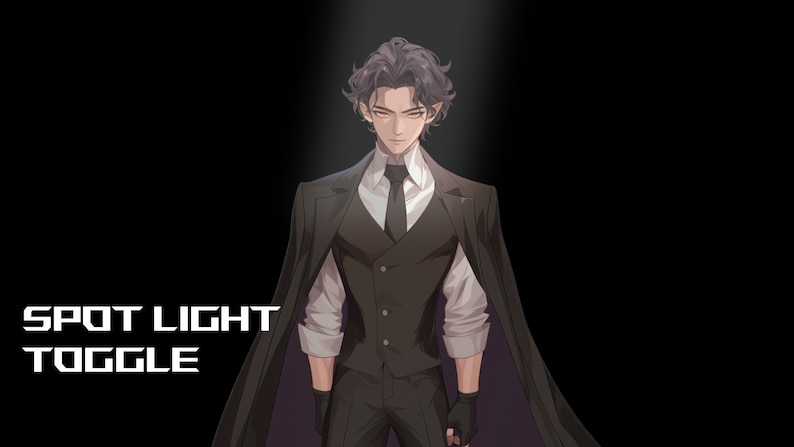 Puede incluir: Un hombre con un traje negro y una camisa blanca se encuentra en un foco de luz. Tiene el pelo oscuro y una expresi&oacute;n seria. El texto "SPOT LIGHT TOGGLE" es visible en la esquina inferior izquierda de la imagen.