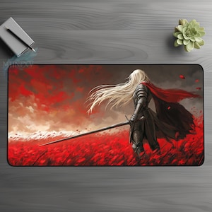 Gothic Blood Knight Desk Mat, Medieval Mouse Pad, DND RPG MTG Playmat, Vampire Slayer Desk Topper, Armor Celtic Home Office Gift, Red Black