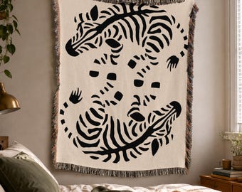 Zebra Woven Blanket, Modern Safari Decor, Animal Wall Tapestry, Boho Throw, Folk Cottagecore