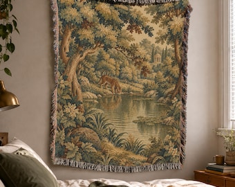 Tiger Woven Blanket Tapestry with French Verdure Woodland Tableau in Vintage Ornamental Decor Style