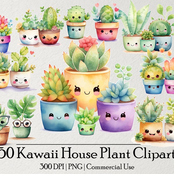 50 Kawaii Haus Pflanze Clipart Bundle, süße Aquarell PNG Grafik, Sublimation, Junk Journal, kommerzielle Nutzung, digitaler Download, Ephemera,