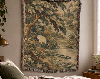 Crane Woven Blanket Tapestry with French Verdure Woodland Scene in Vintage Ornamental Decor Style