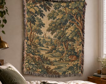 French Verdure Woven Blanket Tapestry with Pastoral Woodland Fox in Vintage Ornamental Style