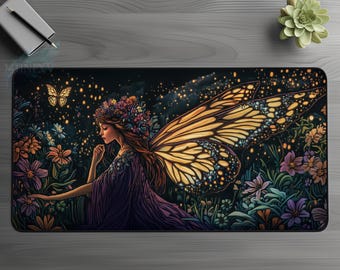 May include: A fairy with glowing wings and a flower crown is surrounded by flowers and fireflies. The fairy is wearing a purple dress and has long brown hair. The background is a dark blue with stars.