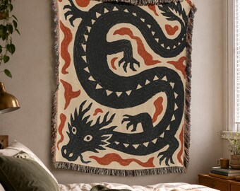 Dragon Woven Blanket, Cute Cottagecore, Fantasy Wall Tapestry, Boho Throw, Folklore Decor
