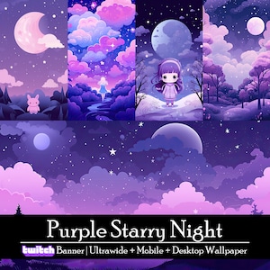 Purple Starry Night Wallpaper Bundle, Twitch Streaming Banner, Ultrawide, Mobile And Desktop Background, Instant Download, Kawaii, Mystical