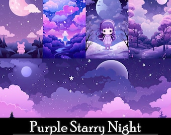 Lila Sternennacht Wallpaper Bundle, Twitch Streamer Banner, Ultraweitwinkel, Hintergrund für Handy und Desktop, Sofort Download, Kawaii, Mystisch