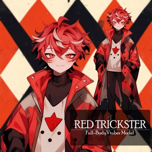 Puede incluir: Una ilustración digital de un personaje de anime con cabello rojo que lleva una chaqueta roja y negra sobre una camisa blanca. El personaje tiene ojos rojos y una expresión traviesa. El texto "RED TRICKSTER Full-Body Vtuber Model" está en la parte inferior de la imagen.