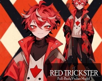 Rigged Vtuber Model: Red Trickster, Live2D Male Vtuber Model, Premade Vtuber, Vtube Studio Ready, Customizable, PNGTuber, Cute, Kawaii,Chibi