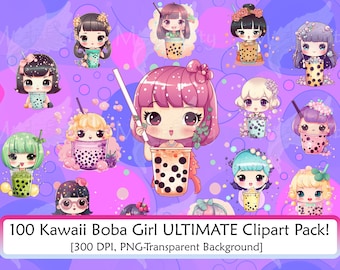 100 Kawaii Boba Tea Girl Clipart, PNG (Digital Download)